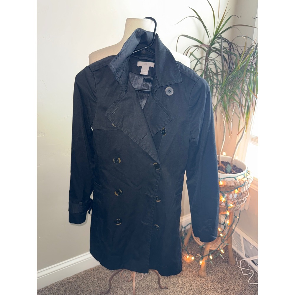 H&M Black Double Breasted Trench Coat Women Size 0